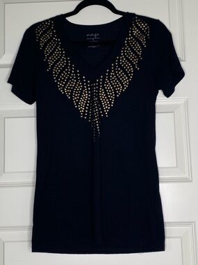 Energie Black Short Sleeve V-Neck Top with Gold Stud Pattern
